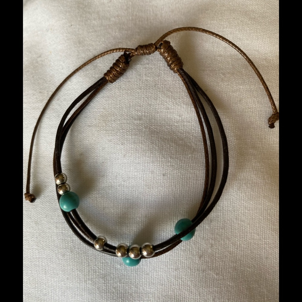 Pull String Bracelet Black Brown Leather & Beads